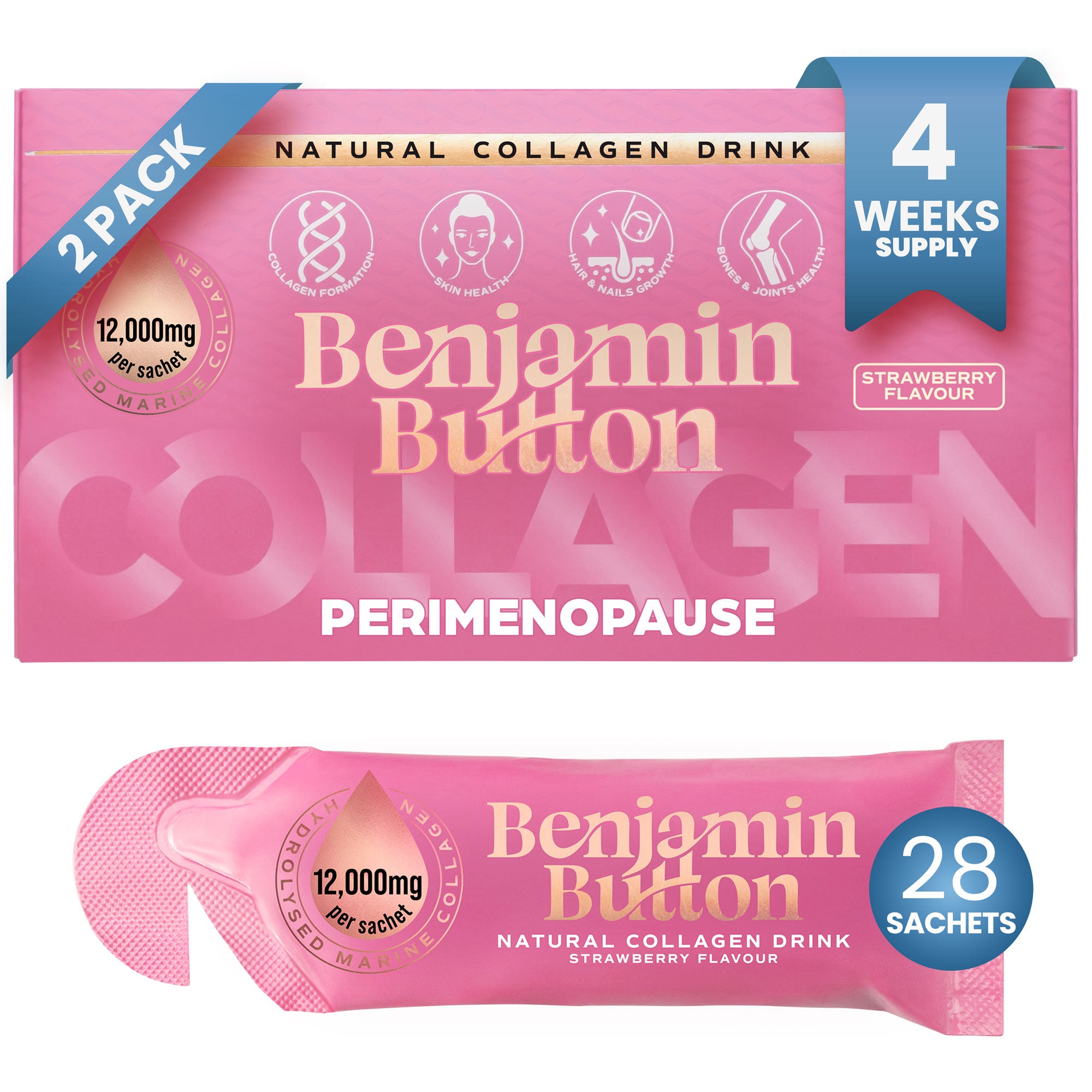 ペリメノポーズ コラーゲン ストロベリー サシェ – 14パック(2週間分) – 12,000mg マリンコラーゲン、チェストベリー、ビタミン&ヒアルロン酸配合