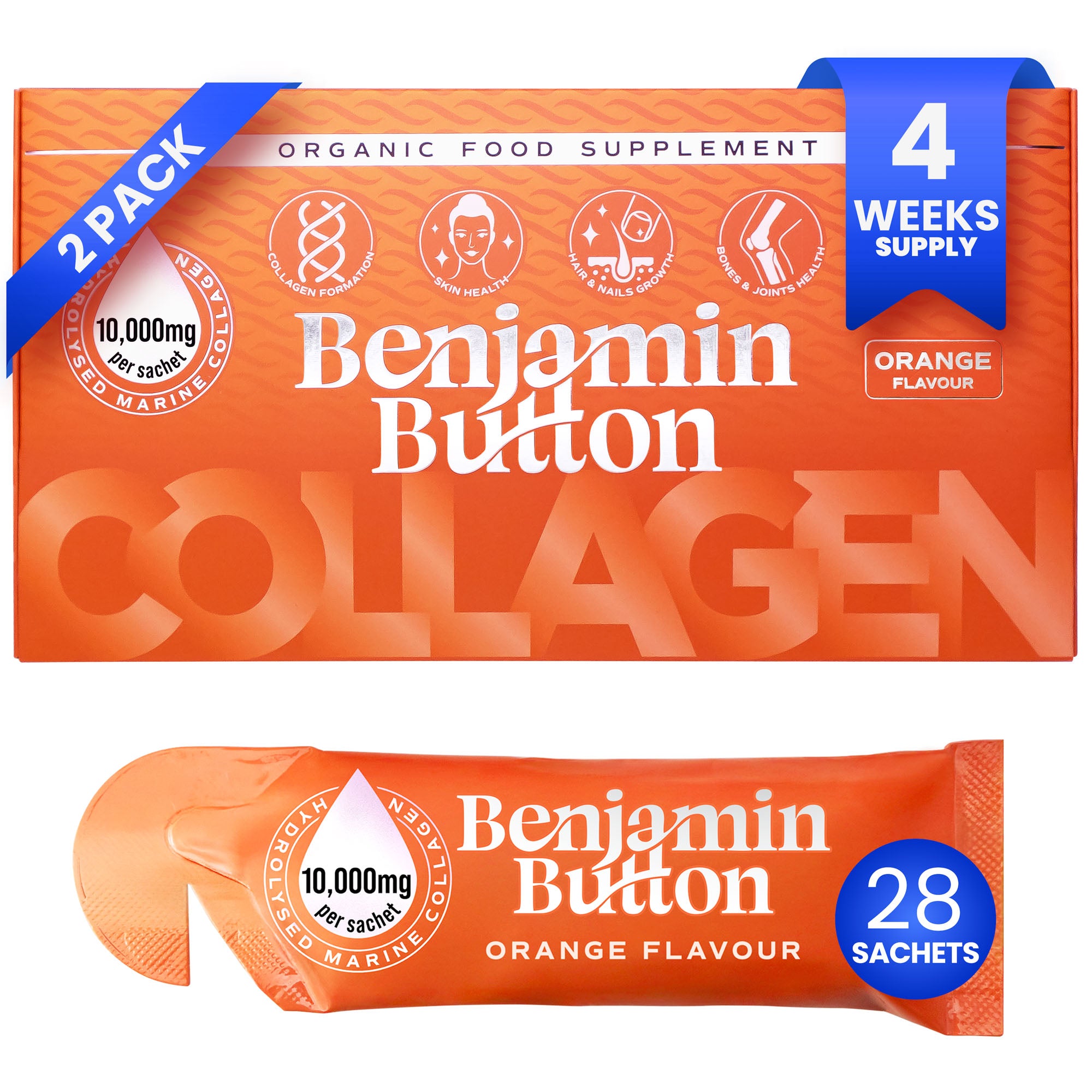 28 sachets liquides de collagène marin à l'orange 10 000 mg