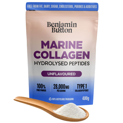 Marine kollagenpulver – 93% protein, vildfångad, 400g osmakad | Benjamin Button