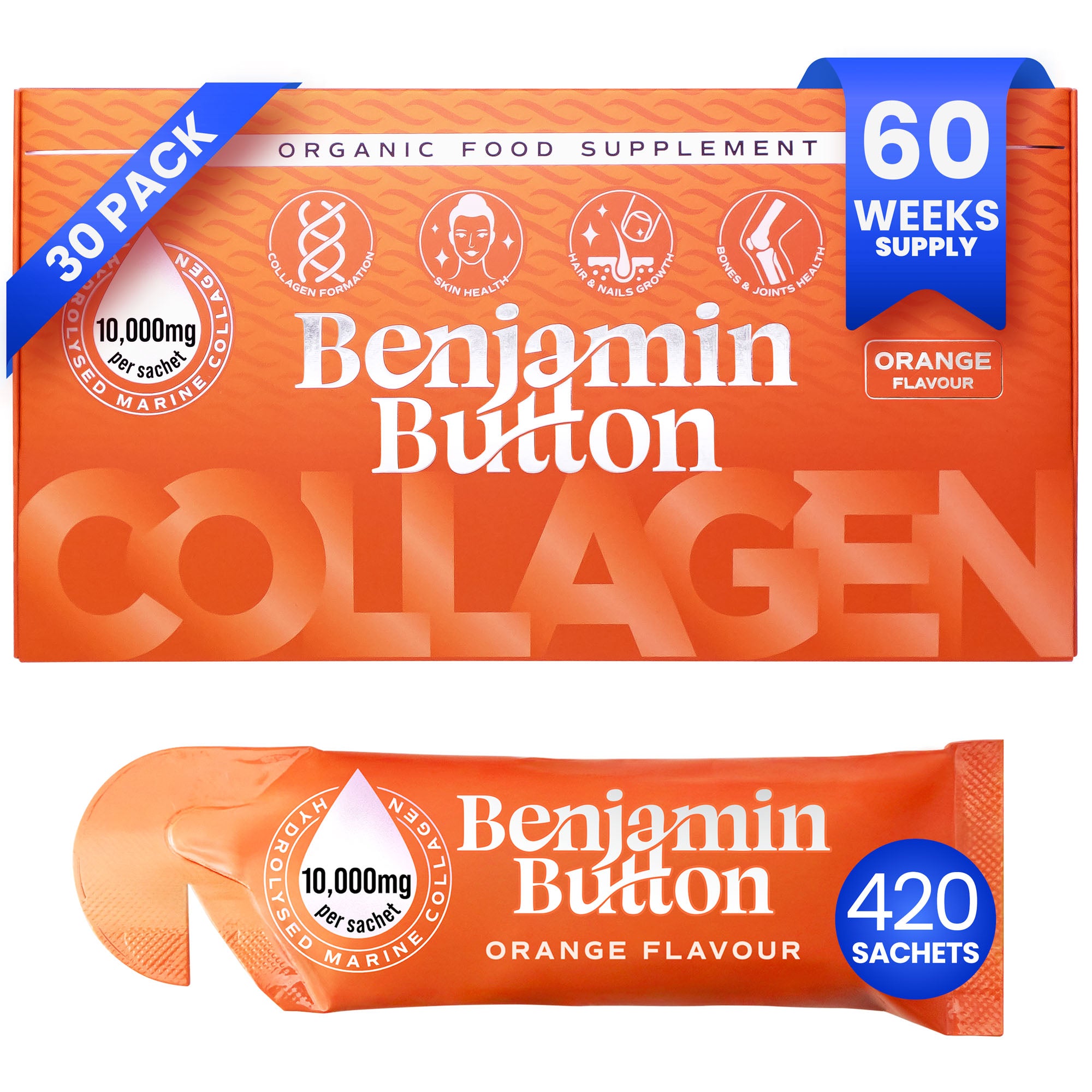 168 sachets de collagène liquide marin à l'orange 10 000 mg